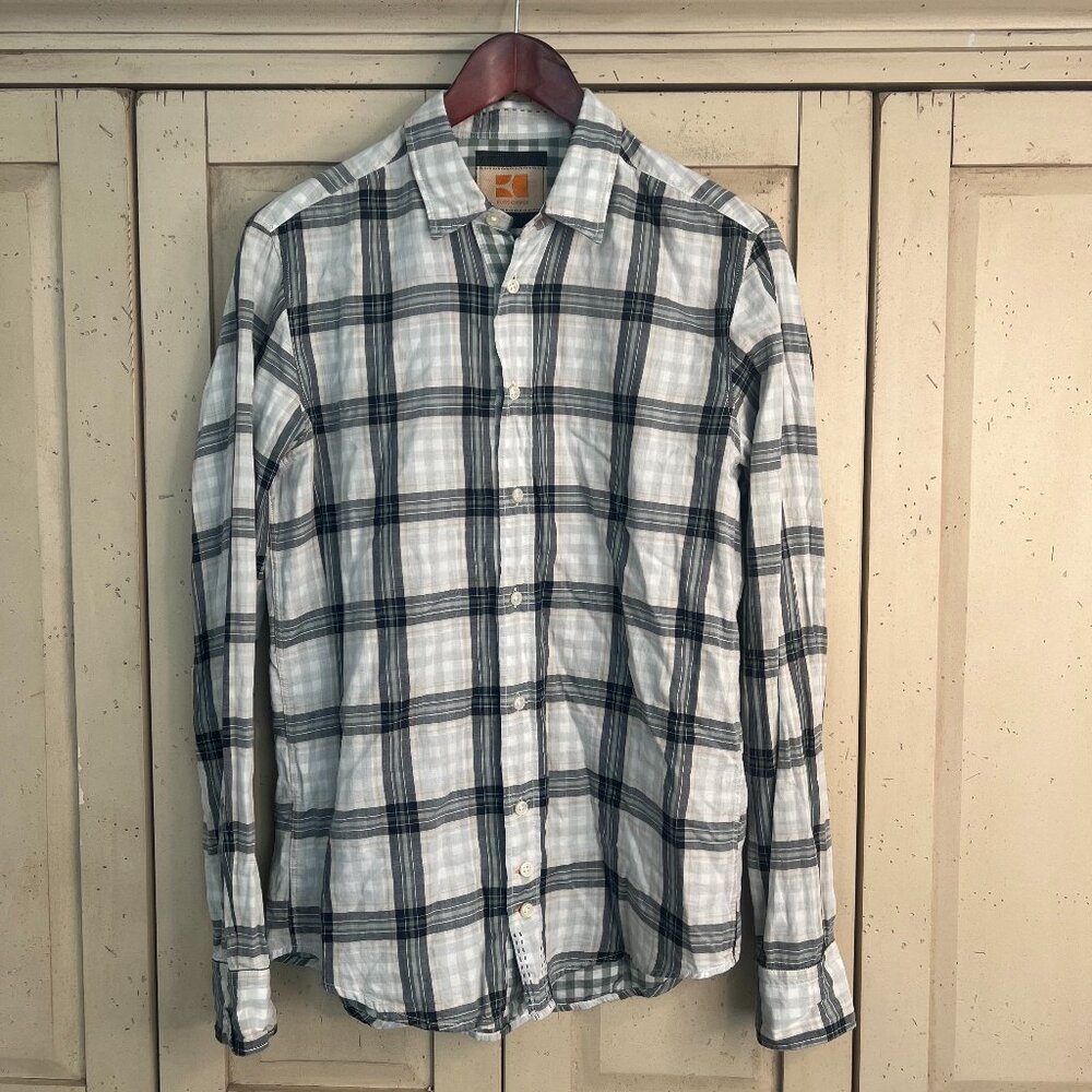 BOSS Orange Label Tonal Plaid Cotton Button Down Shirt, Size Medium